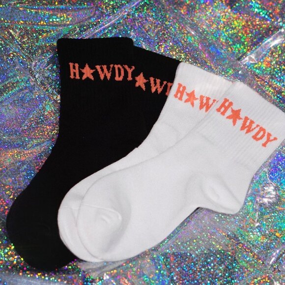 The "Howdy" Socks Black Crew Socks w/ Pink Lettering (One Size) - Picture 3 of 3
